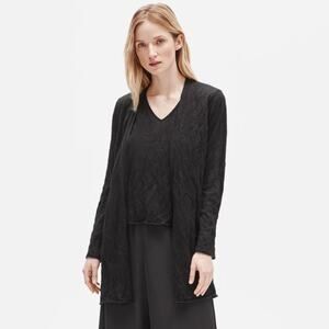 Eileen Fisher Tencel Metal Long Cardigan Open Front Rolled Hem Black Gray Medium